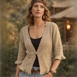 Vintage August Silk Tan Knit Ruffle Short Sleeve Shrug Cardigan Size Medium